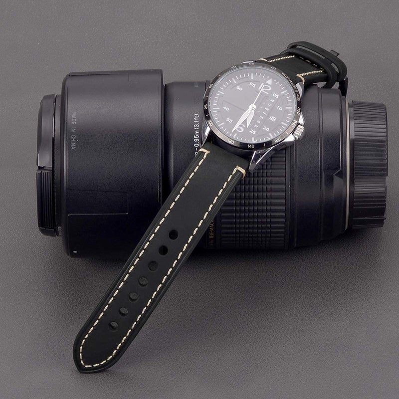 EACHE Leather Watch Bands for Men,Vintage Crazy Horse Leather & Vegetable Tanned Leather & Oil Waxed Thick Leather Watch Bands 20mm 22mm 24mm 26mm, Black-Black Buckle, 26mm, Vintage - Image 3